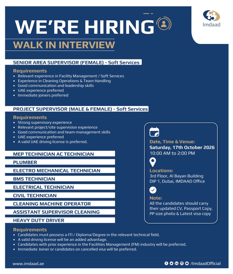 Recruitment poster for Imdaad Facilities Walk-In Dubai DIP 1 | 17 Oct 2026