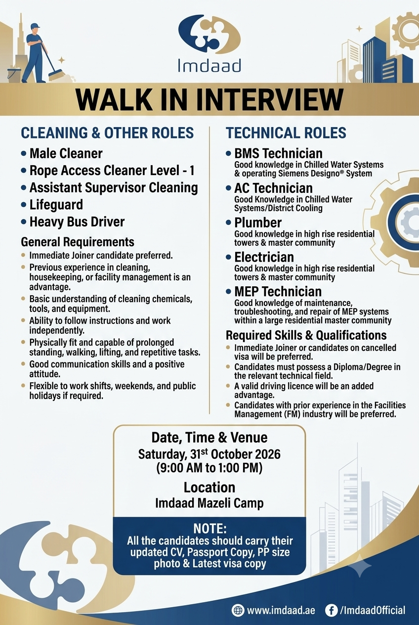 Facilities Management Staff walk-in interview at Imdaad in UAE