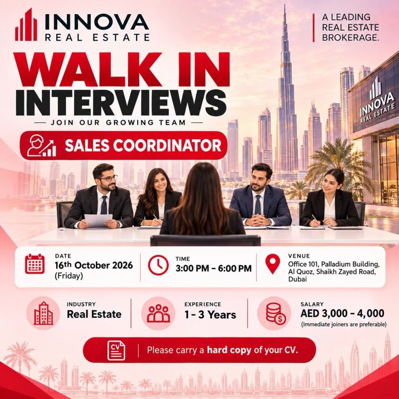 Recruitment poster for Innova Sales Coordinator Walk-In Dubai | 16 Oct 2026