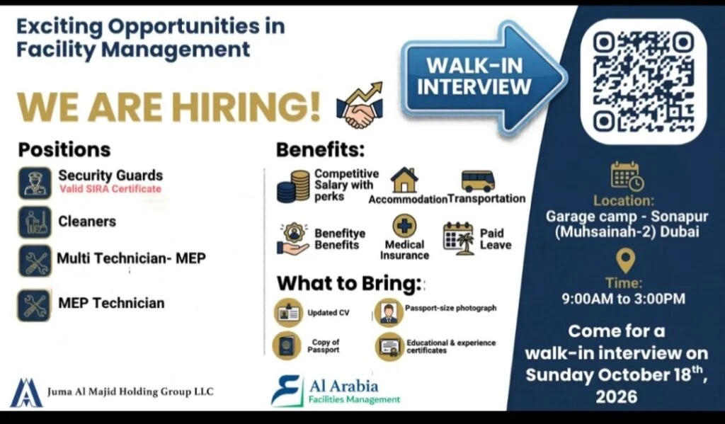 Security Guards and Technicians walk-in interview at Al Arabia Facilities Management in Dubai