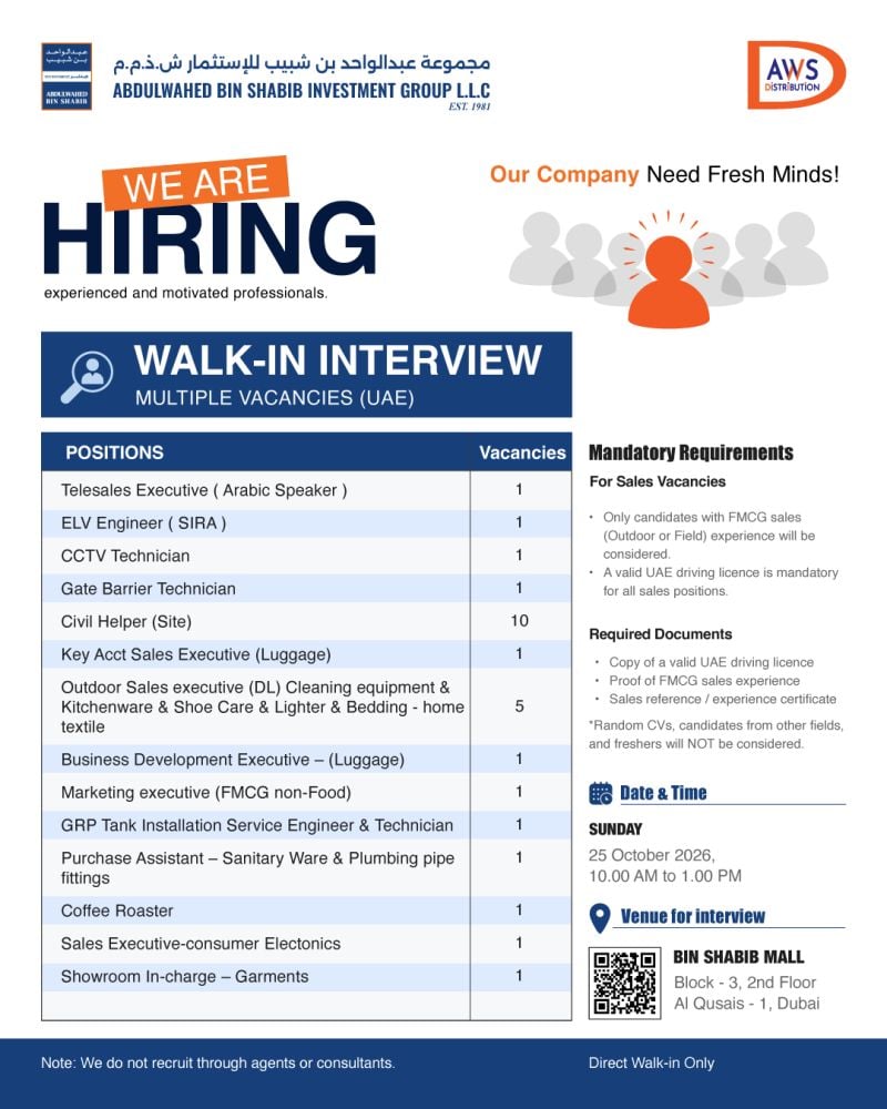 Multiple Positions walk-in interview at Abdulwahed Bin Shabib Investment Group L.L.C in Dubai