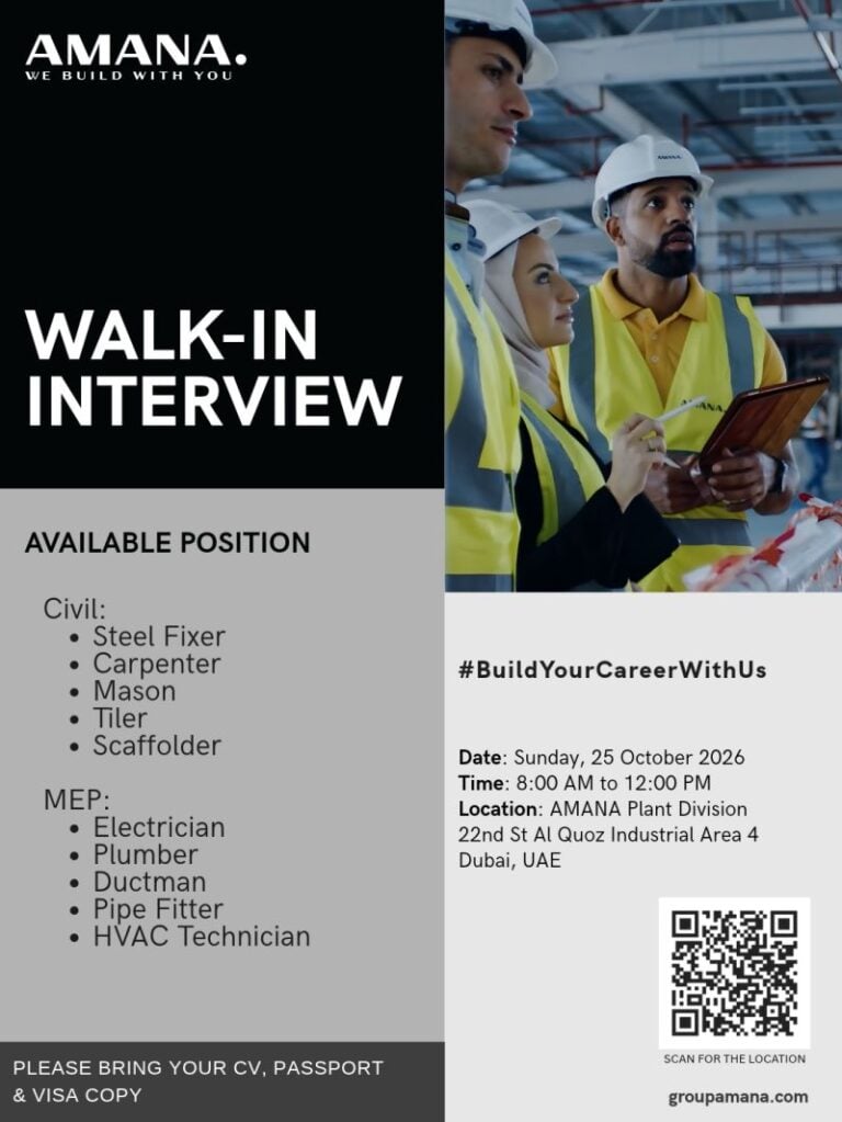 Construction Worker walk-in interview at AMANA in Dubai