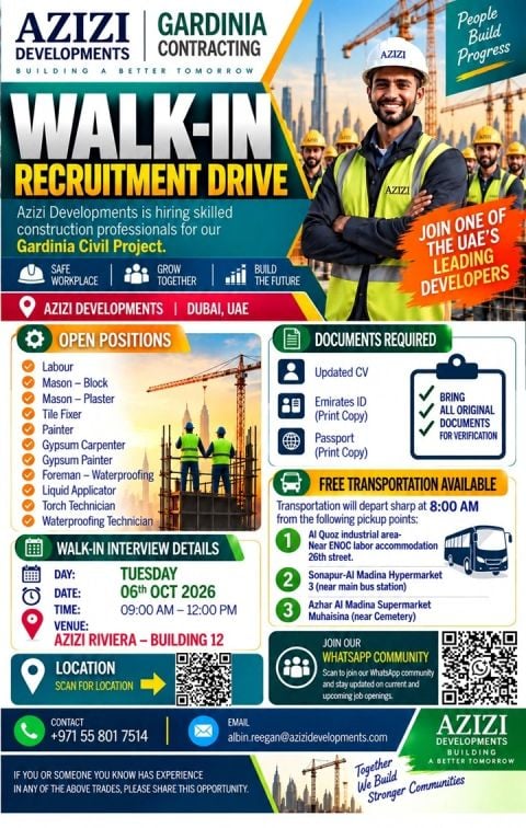 π Walk-In Interview - Azizi Developments Hiring Construction Professionals β Dubai - Walk-In Interview Flyer
