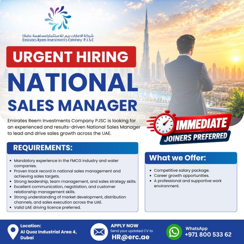 National Sales Manager job at Emirates Reem Investments Company P.J.S.C in Dubai