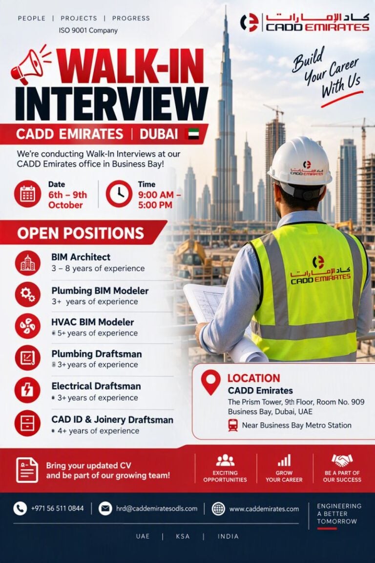 π Walk-In Interview - Cadd Emirates Hiring BIM Architects and Draftsman β Dubai - Walk-In Interview Flyer