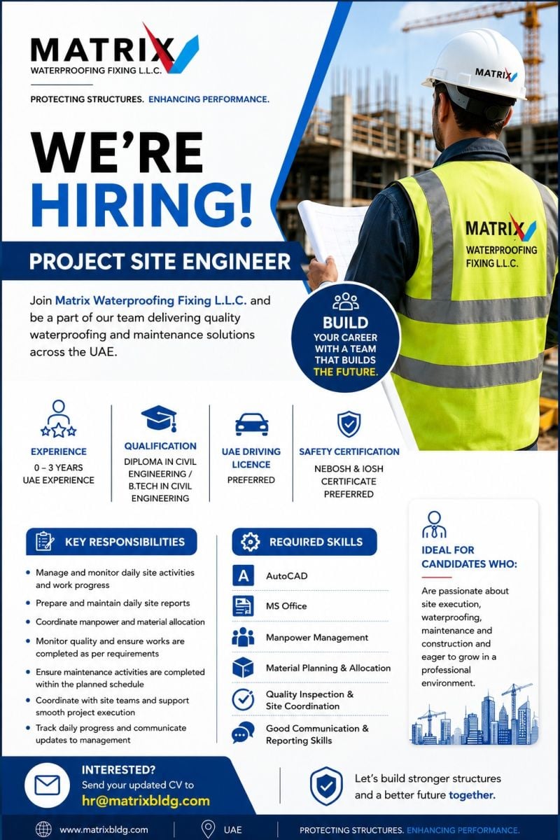 Project Site Engineer job at Matrix Waterproofing Fixing L.L.C. in UAE