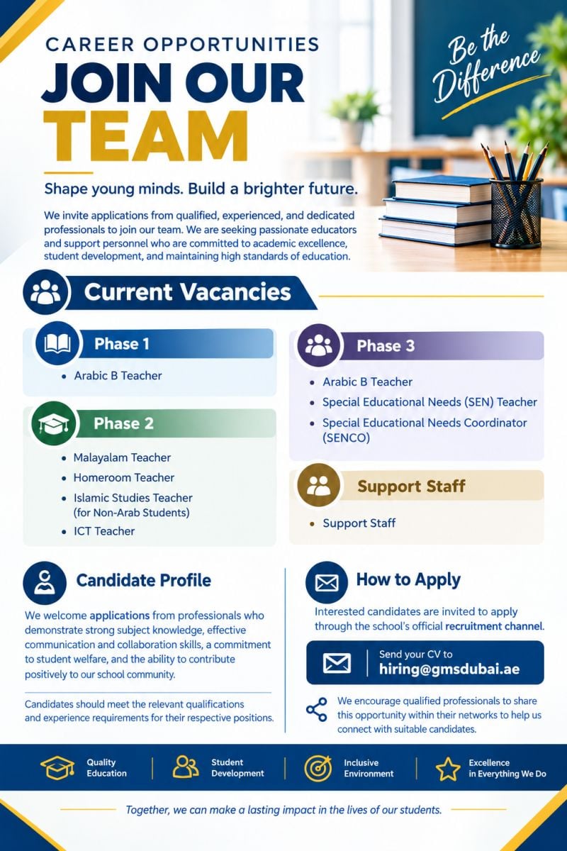 Teacher and Support Staff job at GMS Dubai in Dubai