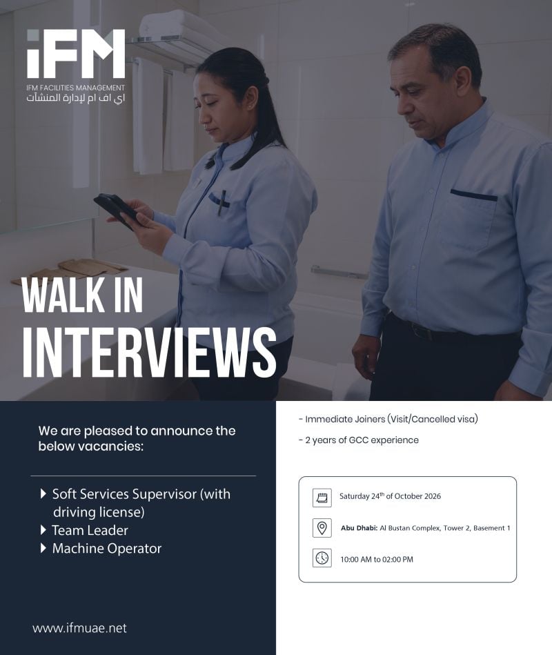 Facilities Supervisor walk-in interview at IFM Facilities Management in Abu Dhabi