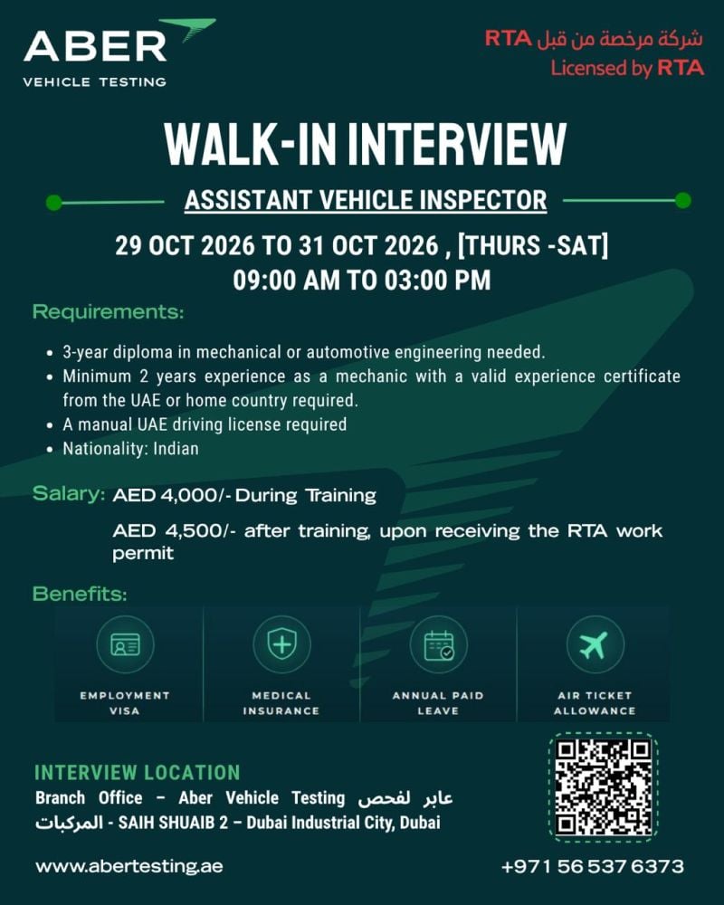 Assistant Vehicle Inspector walk-in interview at ABER VEHICLE TESTING in Dubai