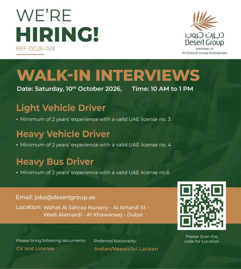 📍 Walk-In Interview - Desert Group Hiring Drivers – Dubai - Walk-In Interview Flyer