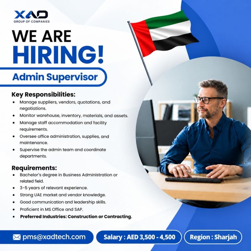 Admin Supervisor job at XAD Group of Companies in Sharjah