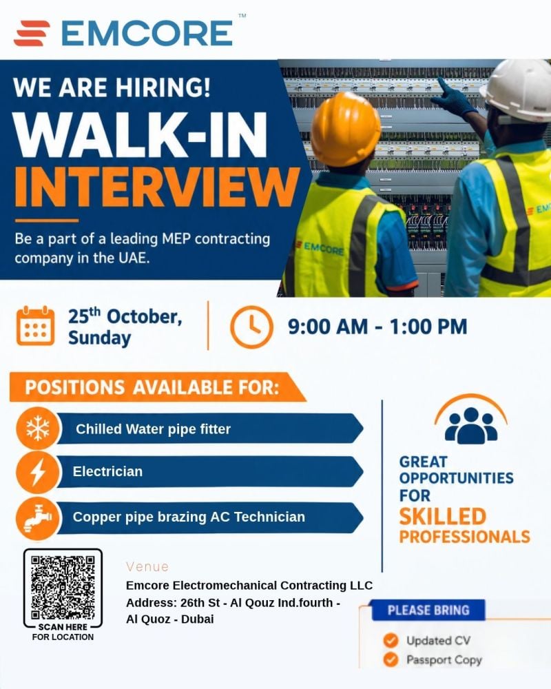 MEP Technician walk-in interview at Emcore Electromechanical Contracting LLC in Dubai
