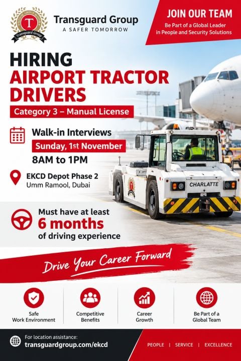 Airport Tractor Driver walk-in interview at Transguard Group in Dubai