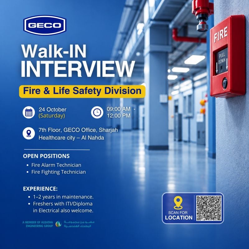 Fire Alarm Technician walk-in interview at GECO in Sharjah