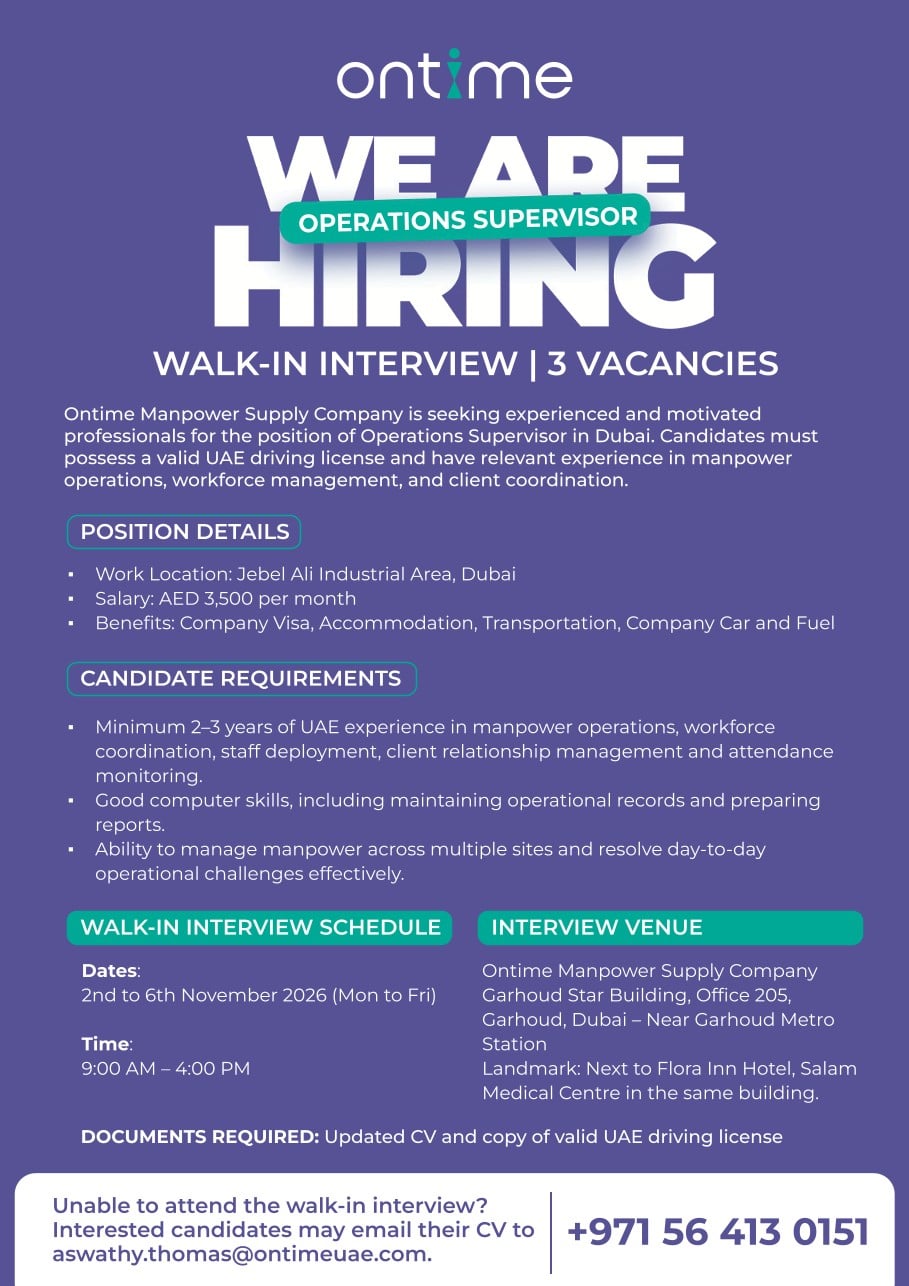 Operations Supervisor walk-in interview at Ontime Manpower Supply Company in Dubai, UAE