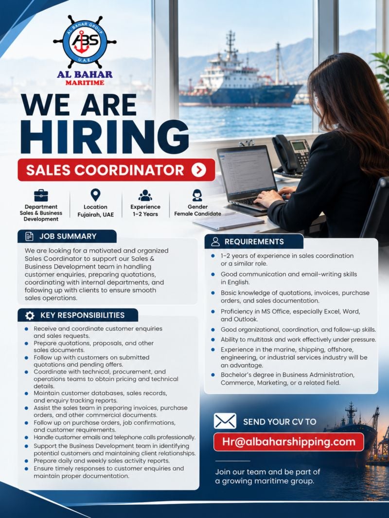 Sales Coordinator job at Al Bahar Maritime in Fujairah