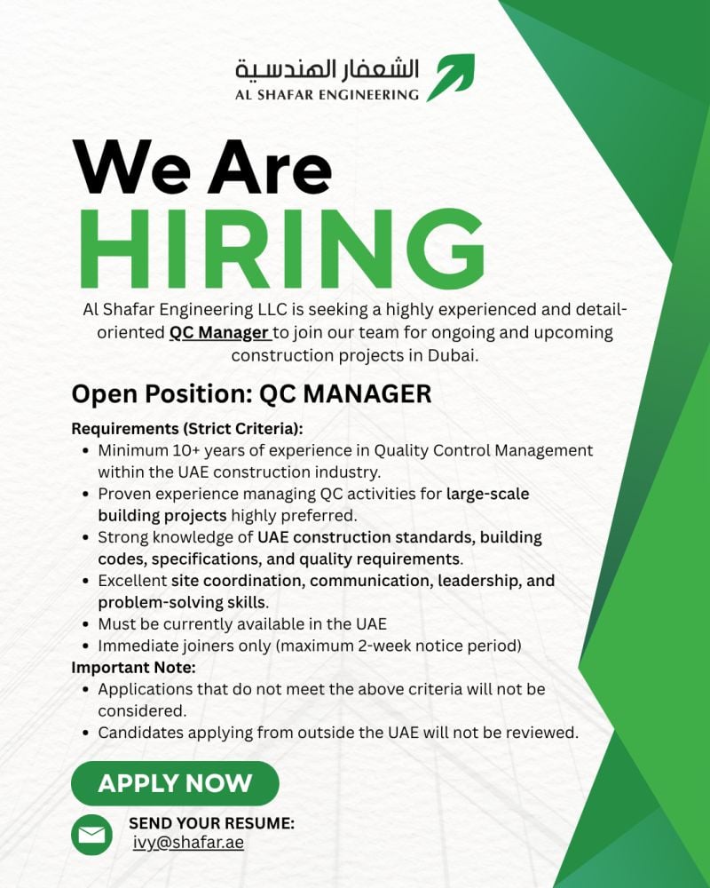 Al Shafar Engineering Hiring QC Manager β Dubai - Flyer