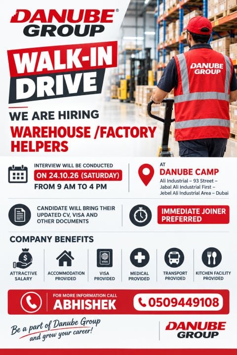 Warehouse Helper walk-in interview at Danube Group in Dubai
