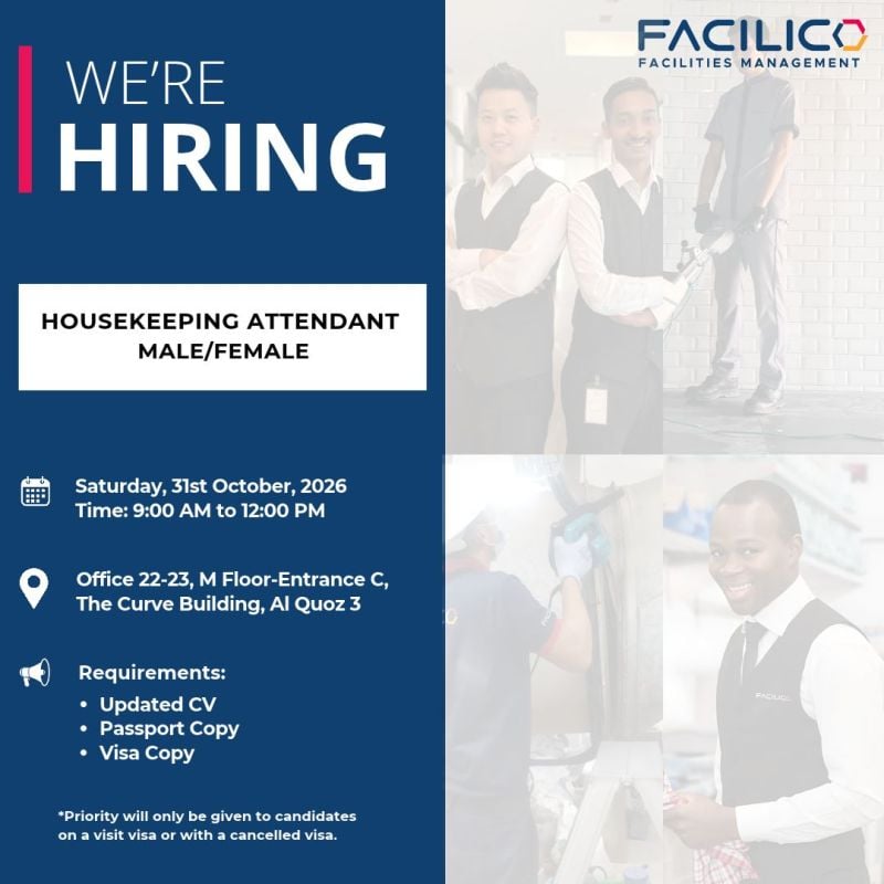 Housekeeping Attendant walk-in interview at Facilico Facilities Management in Dubai