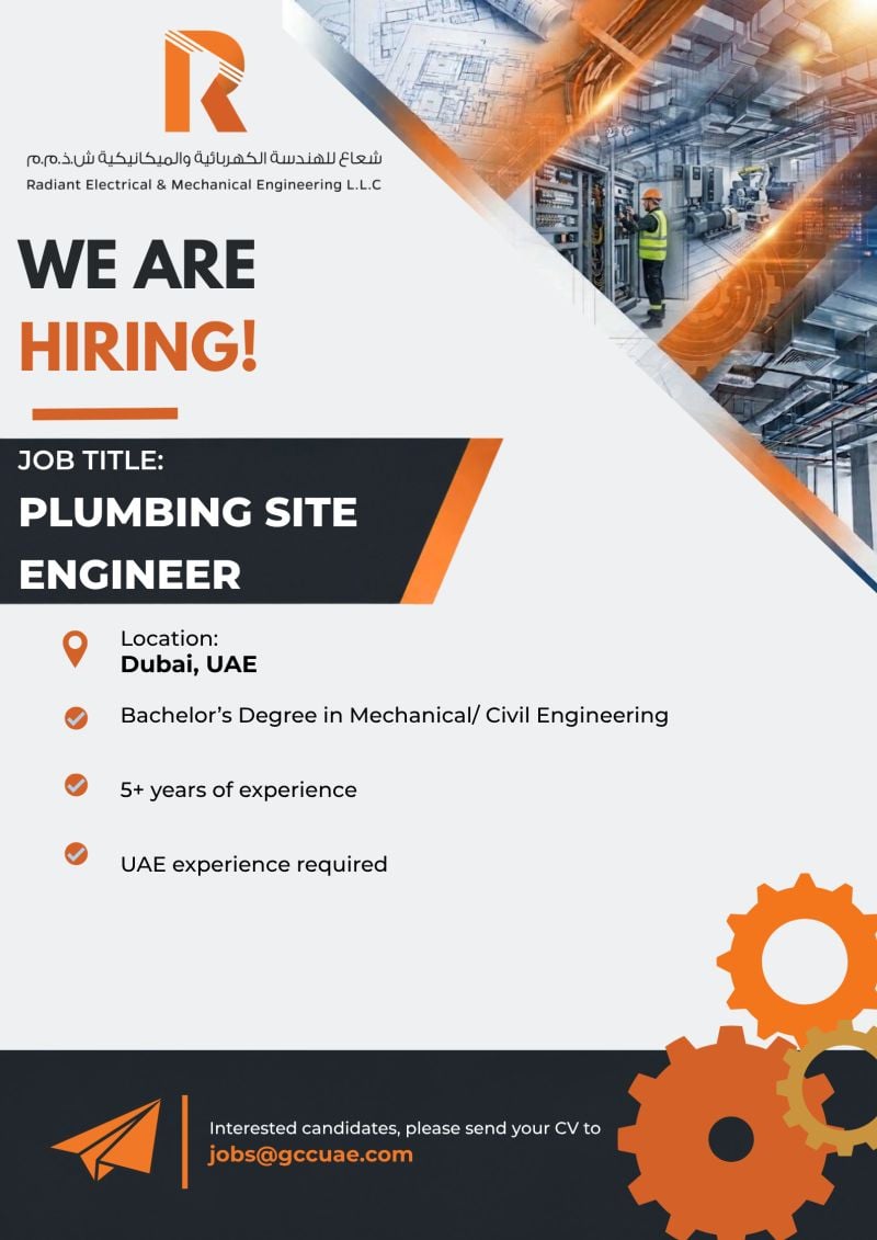 Plumbing Site Engineer job at Radiant Electrical & Mechanical Engineering L.L.C in Dubai, UAE