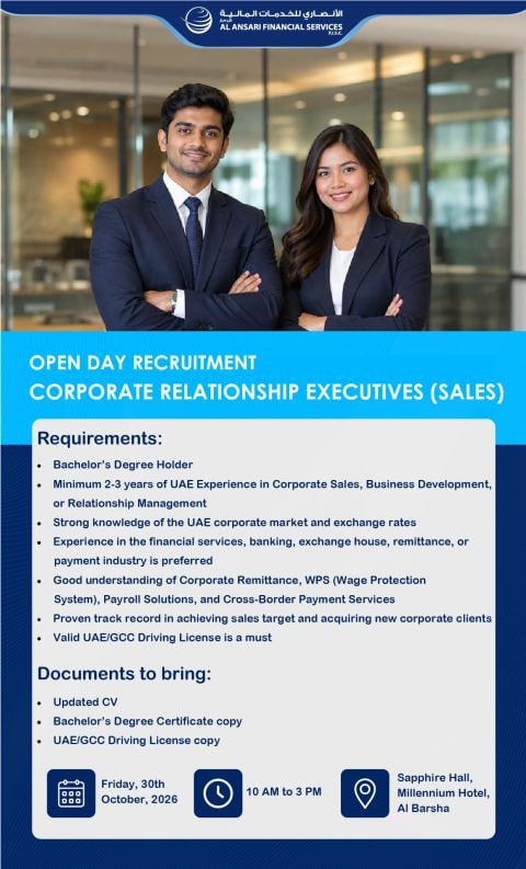 Corporate Relationship Executive walk-in interview at Al Ansari Financial Services in Dubai