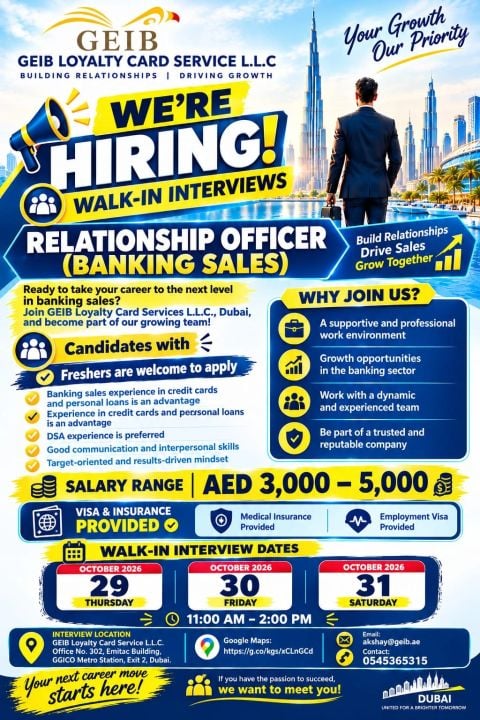 Relationship Officer walk-in interview at GEIB LOYALTY CARD SERVICE L.L.C in Dubai