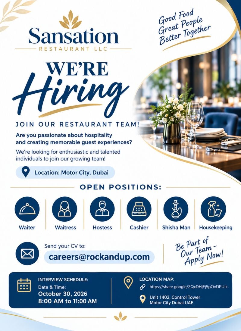 Restaurant Staff walk-in interview at Sansation RESTAURANT LLC in Motor City, Dubai
