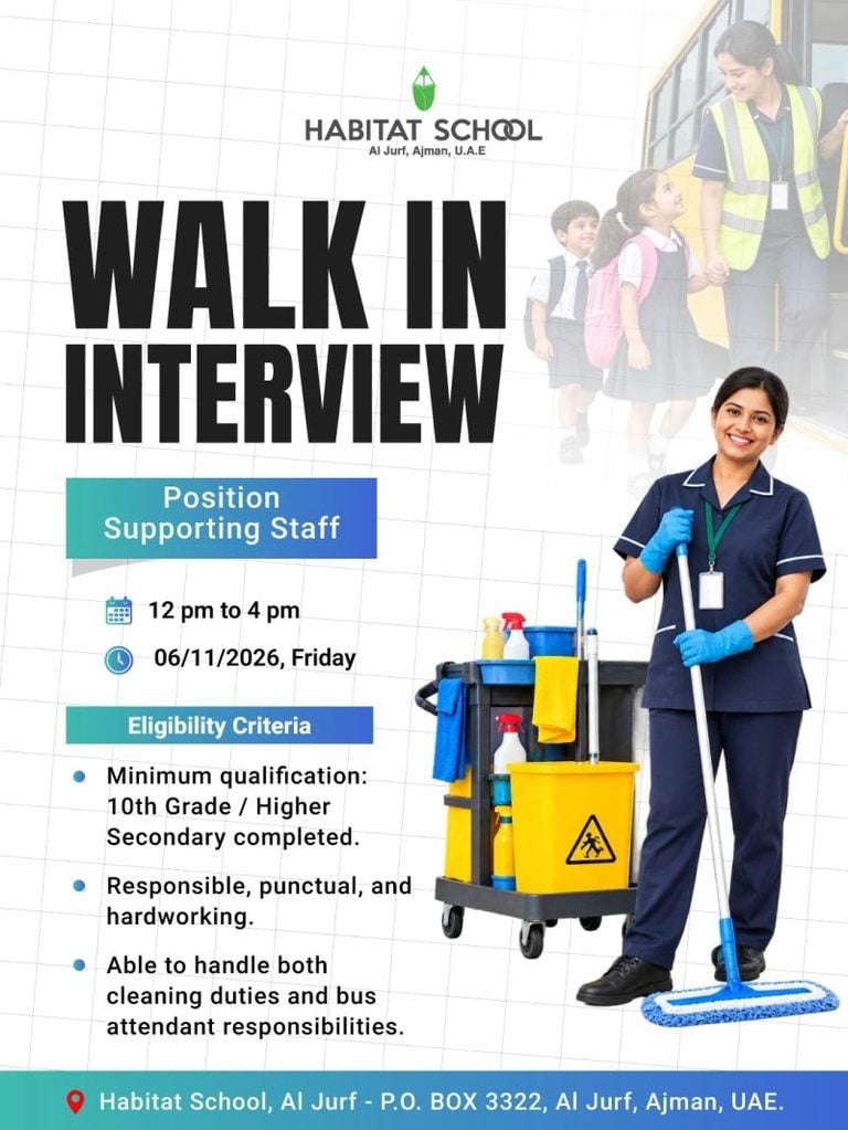 Supporting Staff walk-in interview at HABITAT SCHOOL in Al Jurf, Ajman