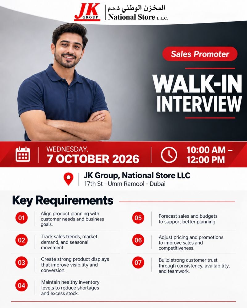π Walk-In Interview - JK Group Hiring Sales Promoters β Dubai - Walk-In Interview Flyer