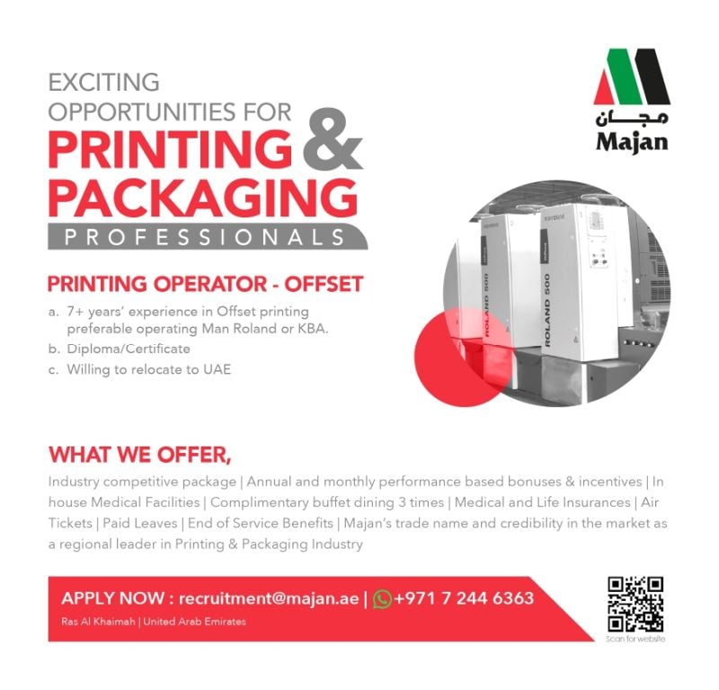 Printing Operator Offset job at Majan in Ras Al Khaimah, United Arab Emirates