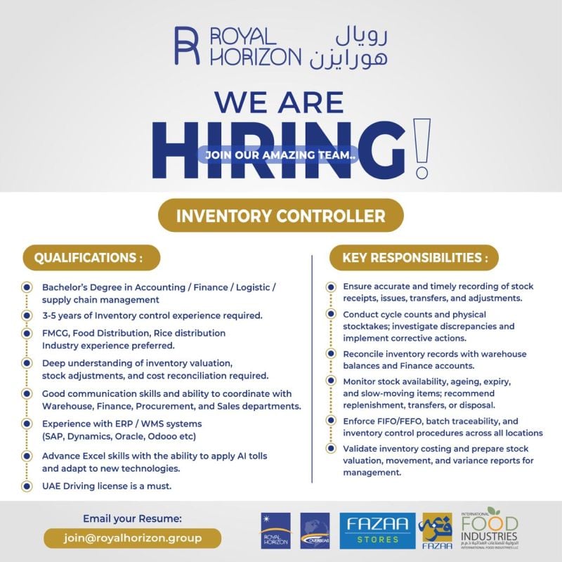 Inventory Controller job at ROYAL HORIZON in UAE