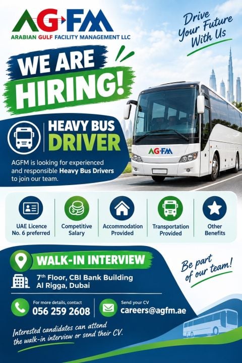 Walk-In Interview - Arabian Gulf Facility Management Hiring Heavy Bus Driver – Dubai - Walk-In Interview Flyer