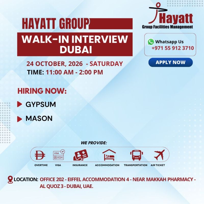 Gypsum Mason walk-in interview at Hayatt Group in Dubai
