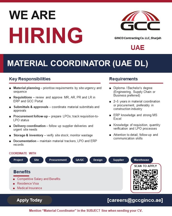 Material Coordinator job at GINCO Contracting Co. LLC (GCC) in Sharjah, UAE