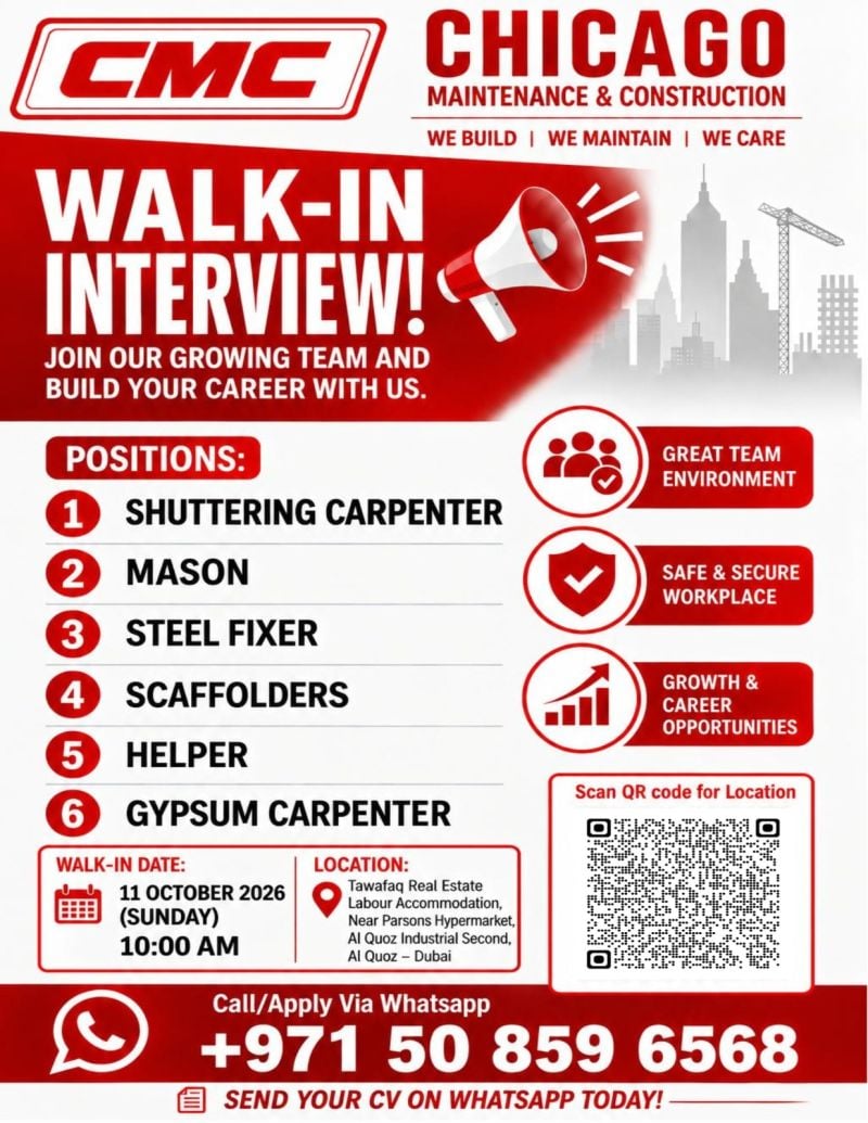 π Walk-In Interview - Chicago Maintenance & Construction Hiring Construction Workers β Dubai - Walk-In Interview Flyer