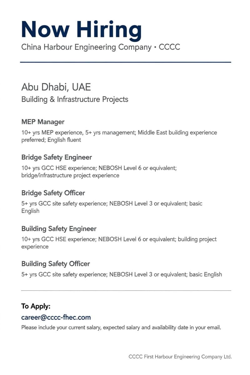 MEP Manager and Safety Engineers job at China Harbour Engineering Company in Abu Dhabi