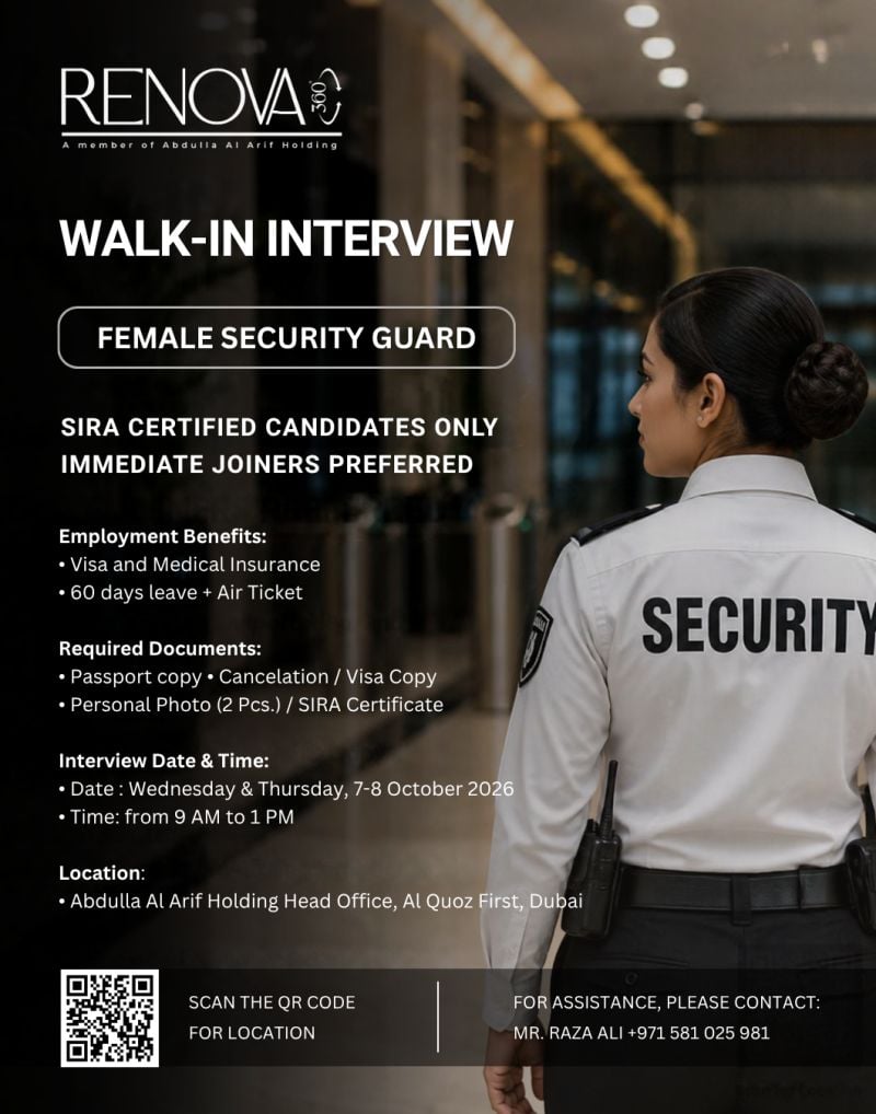 π Walk-In Interview - Renova Hiring Female Security Guards β Dubai - Walk-In Interview Flyer