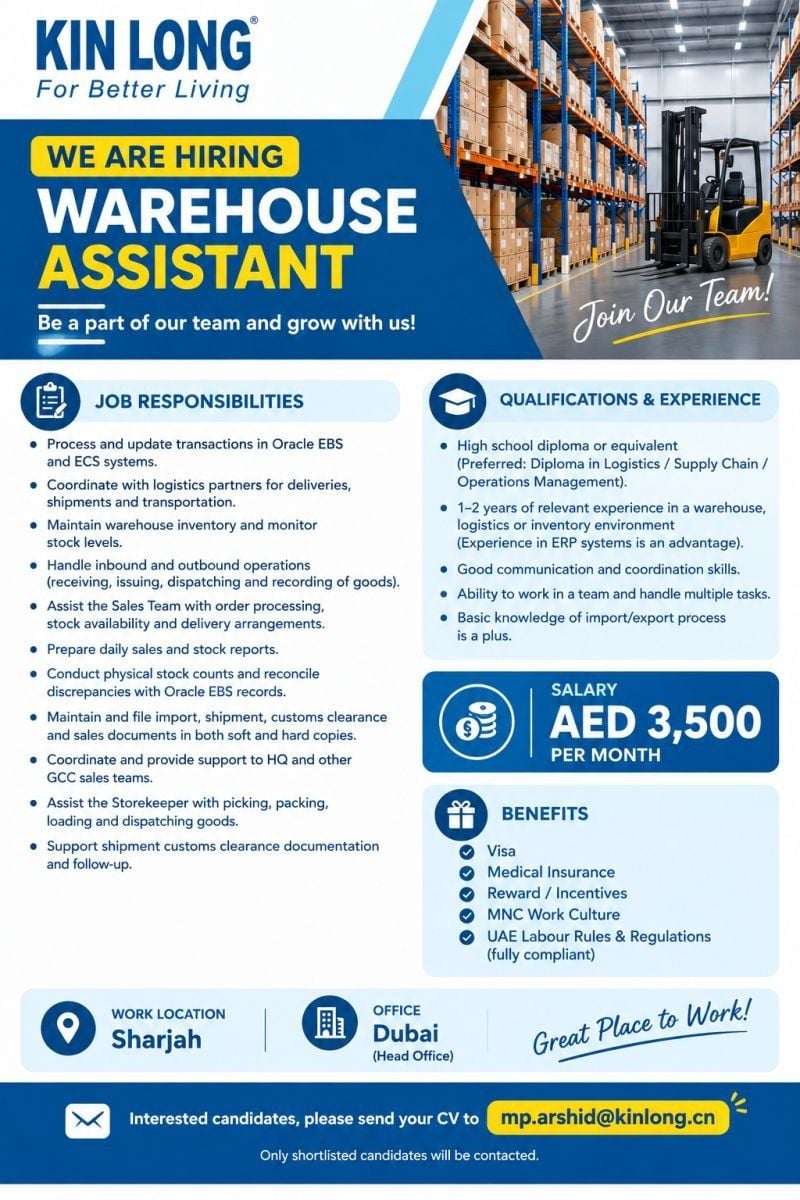 Warehouse Assistant job at Kin Long in Sharjah