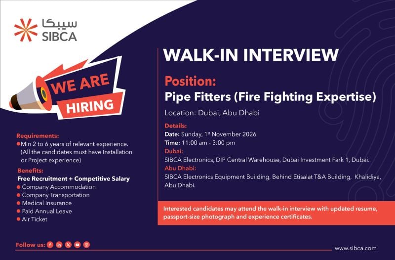 Pipe Fitter walk-in interview at SIBECA in Dubai, Abu Dhabi
