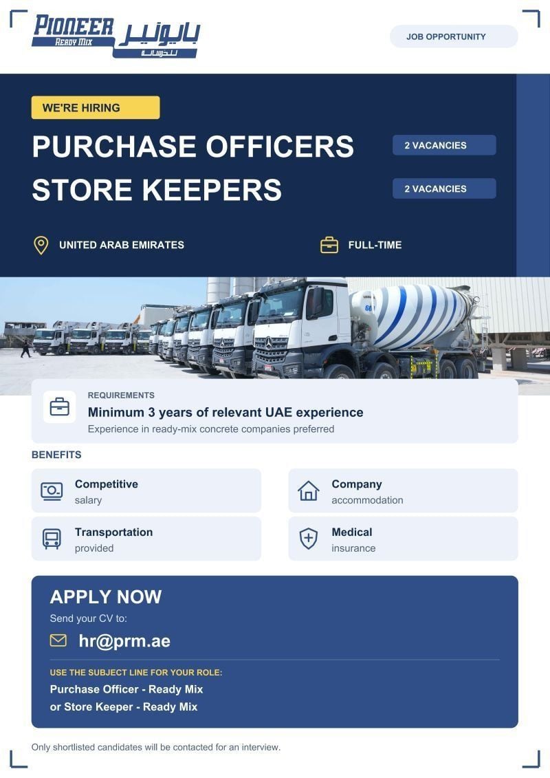 Pioneer Ready Mix Hiring Purchase Officers – United Arab Emirates - Flyer