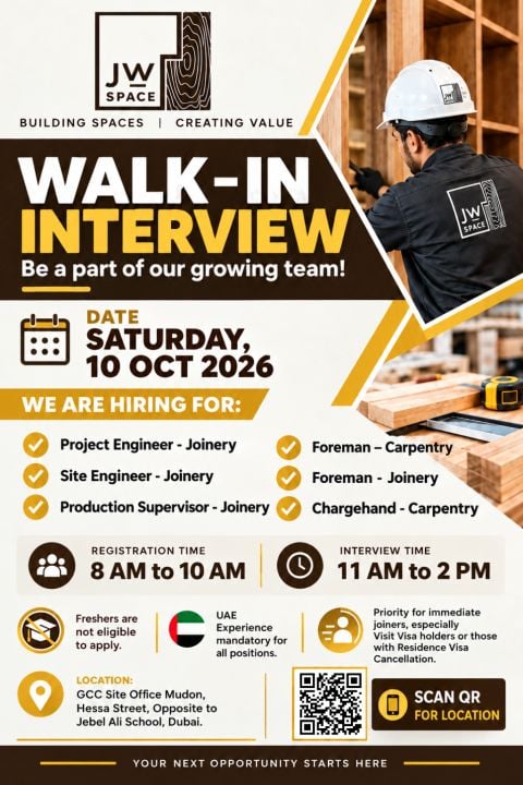 π Walk-In Interview - JW Space Hiring Construction Professionals β Dubai - Walk-In Interview Flyer