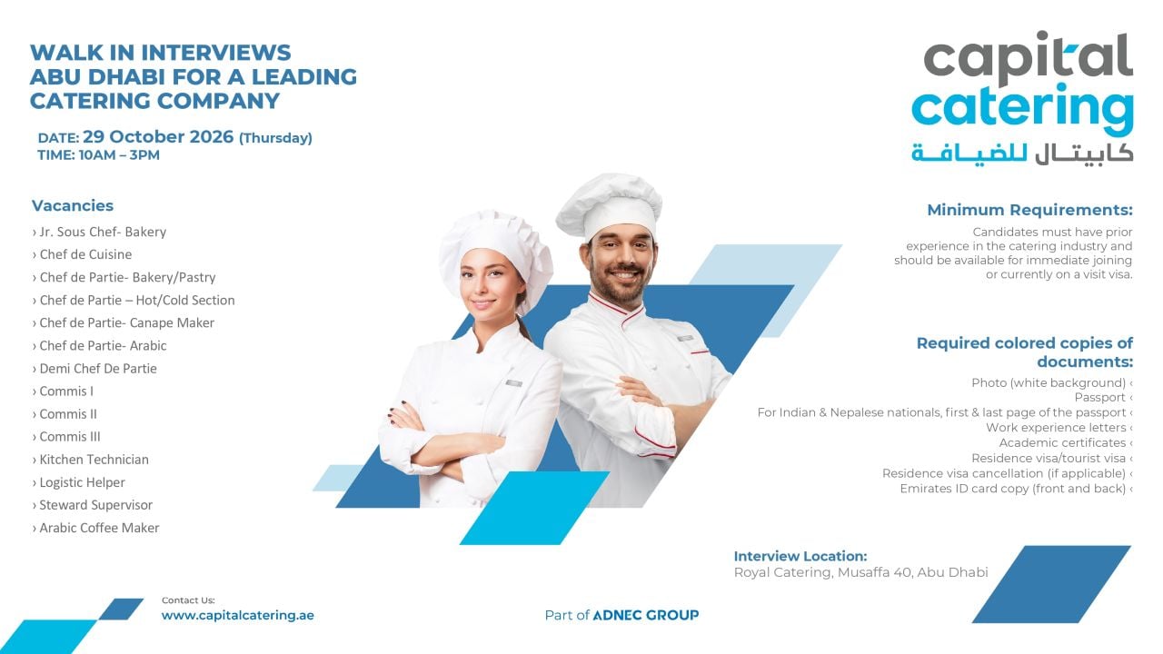 Catering Staff walk-in interview at Capital Catering in Abu Dhabi