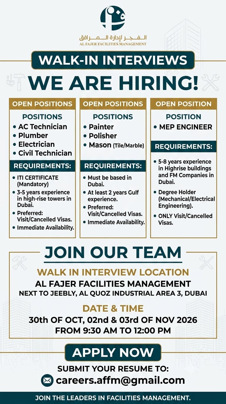 AC Technician walk-in interview at AL FAJER FACILITIES MANAGEMENT in Al Quoz Industrial Area 3, Dubai