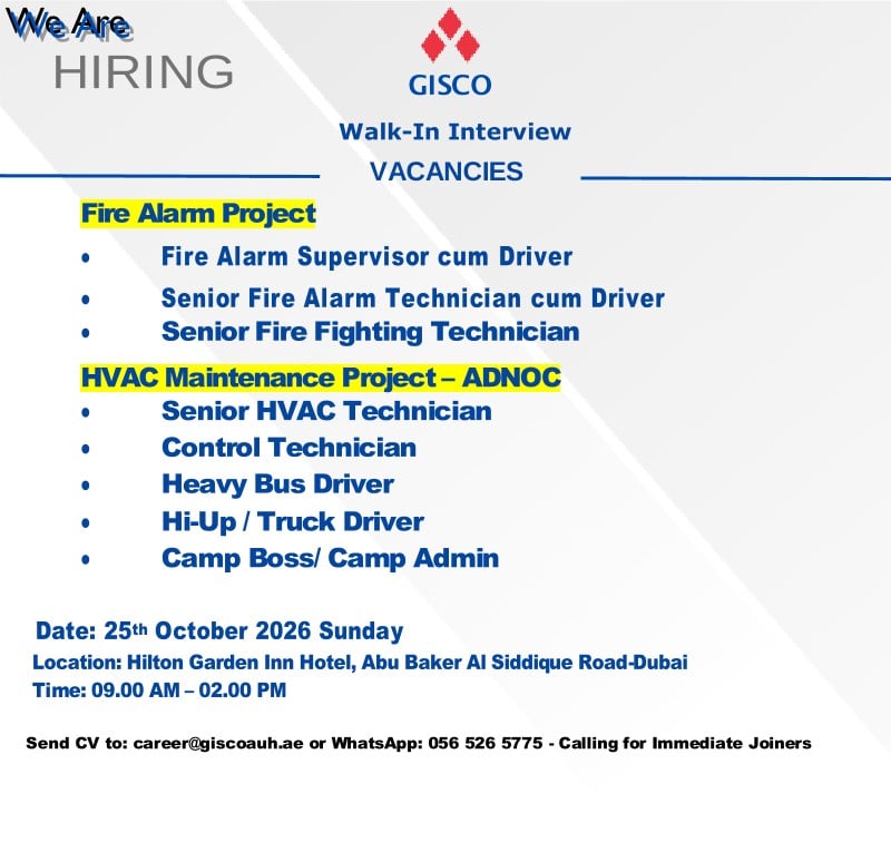 Fire Alarm Supervisor walk-in interview at GISCO in Dubai