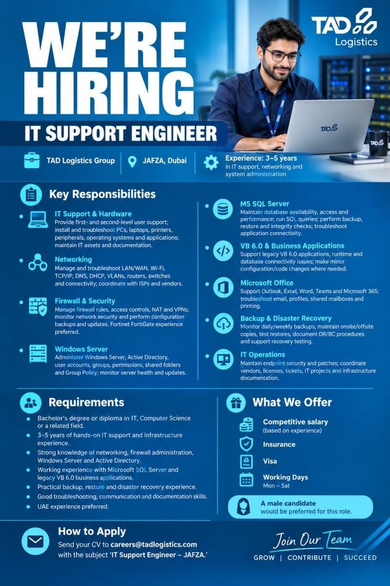 IT Support Engineer job at TAD Logistics Group in JAFZA, Dubai