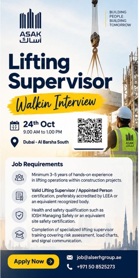 Lifting Supervisor walk-in interview at ASAK in Dubai