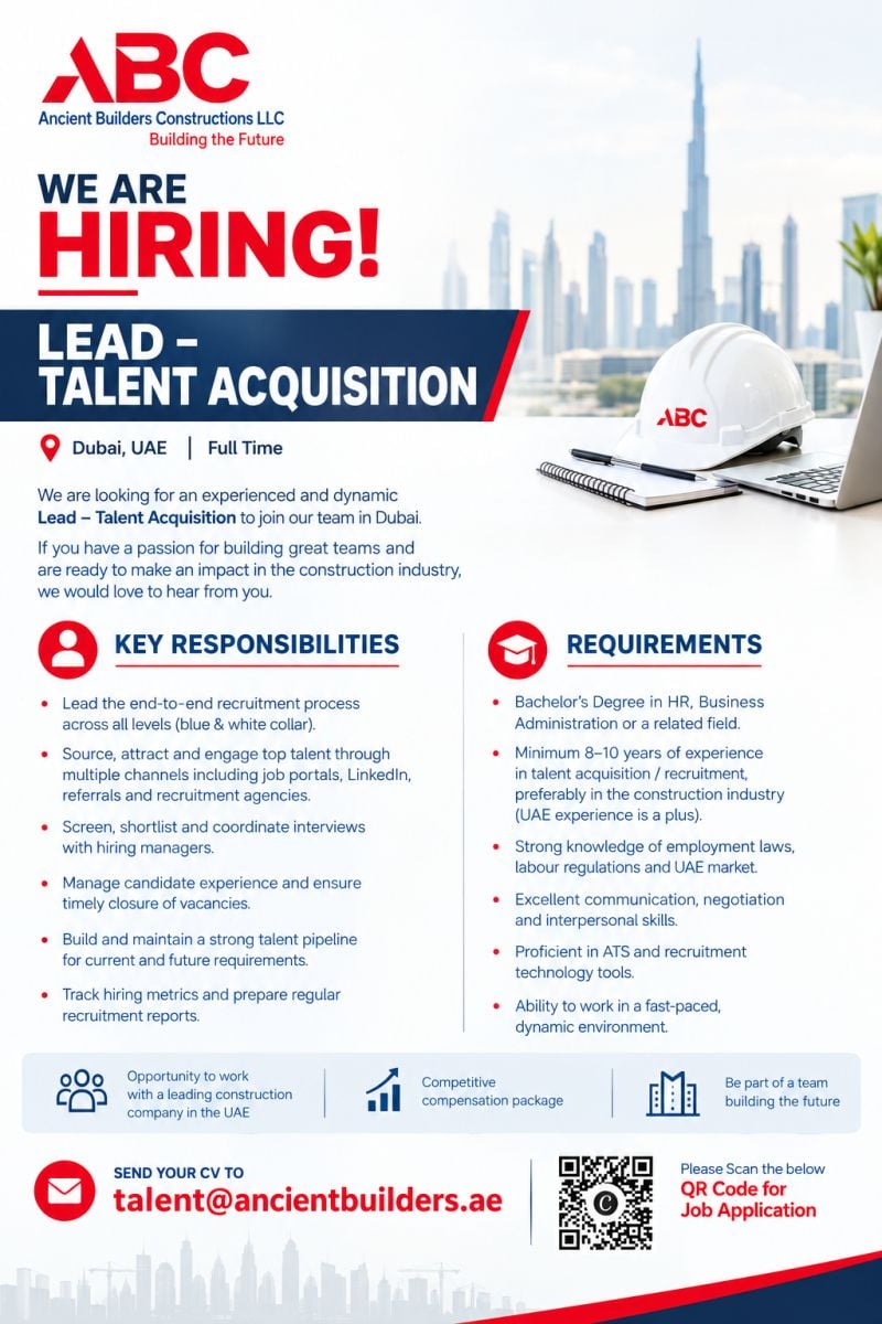 Lead Talent Acquisition job at Ancient Builders Constructions LLC in Dubai