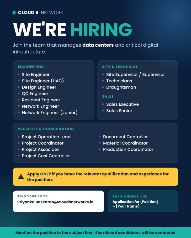 Cloud 9 Network Hiring Multiple Positions – UAE - Flyer