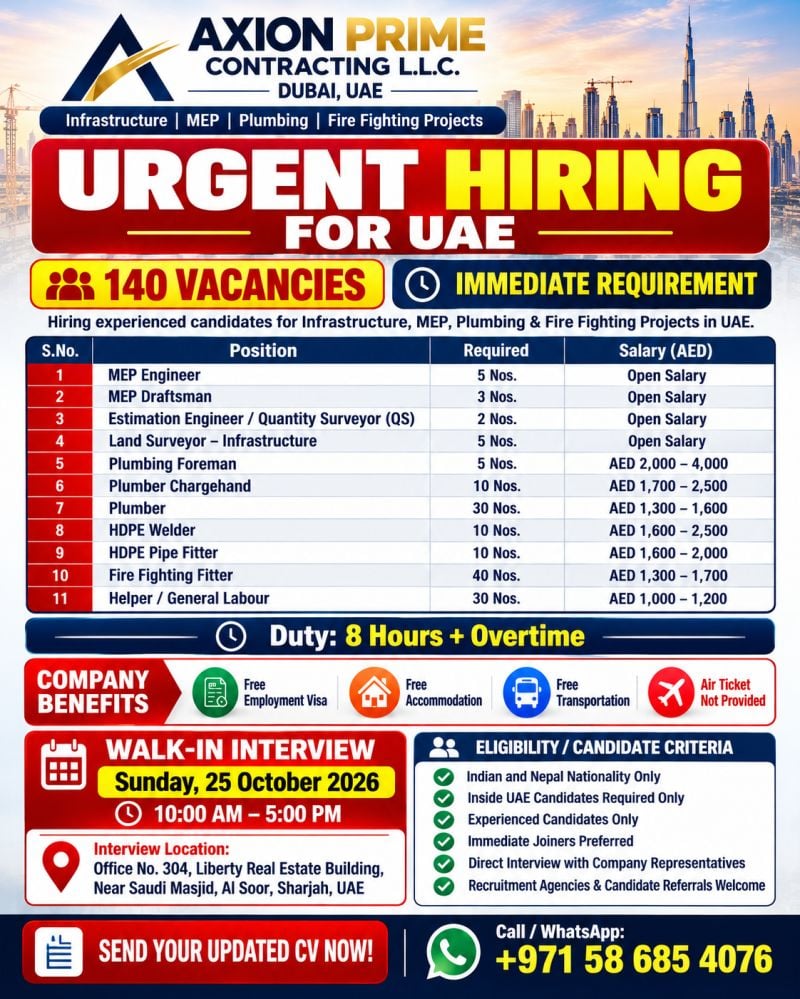 MEP Engineer walk-in interview at Axion Prime Contracting L.L.C. in Sharjah