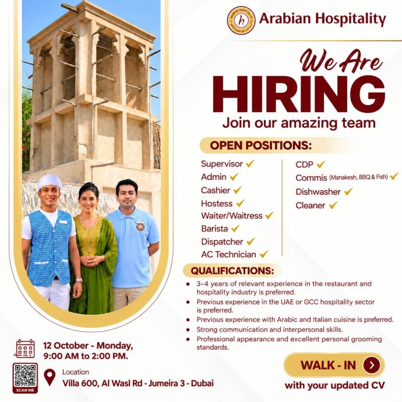 Walk-In Interview - Arabian Hospitality Hiring Hospitality Staff – Dubai - Walk-In Interview Flyer